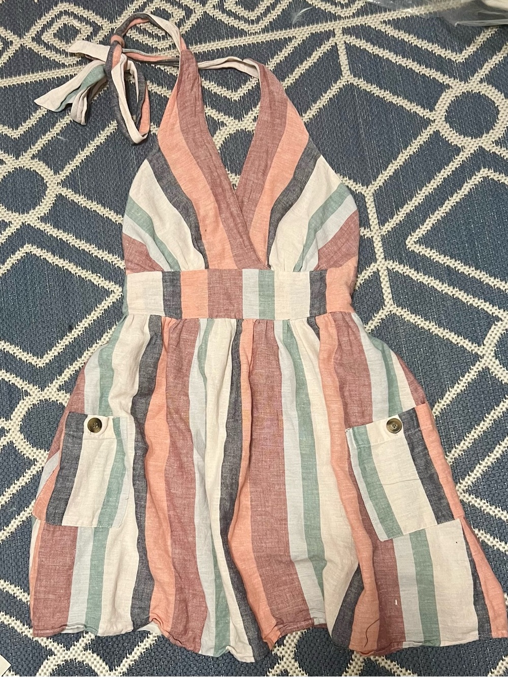 American Eagle Pastel Striped Summer Halter Dress in Coral, Mint & Navy